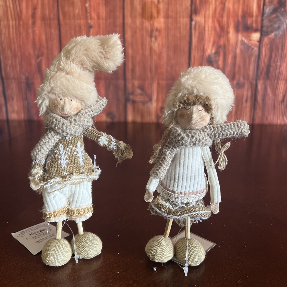 Holiday Decor Beige Winter  Boy &‎ Girl Christmas Doll Decor 8" Silver Tree
